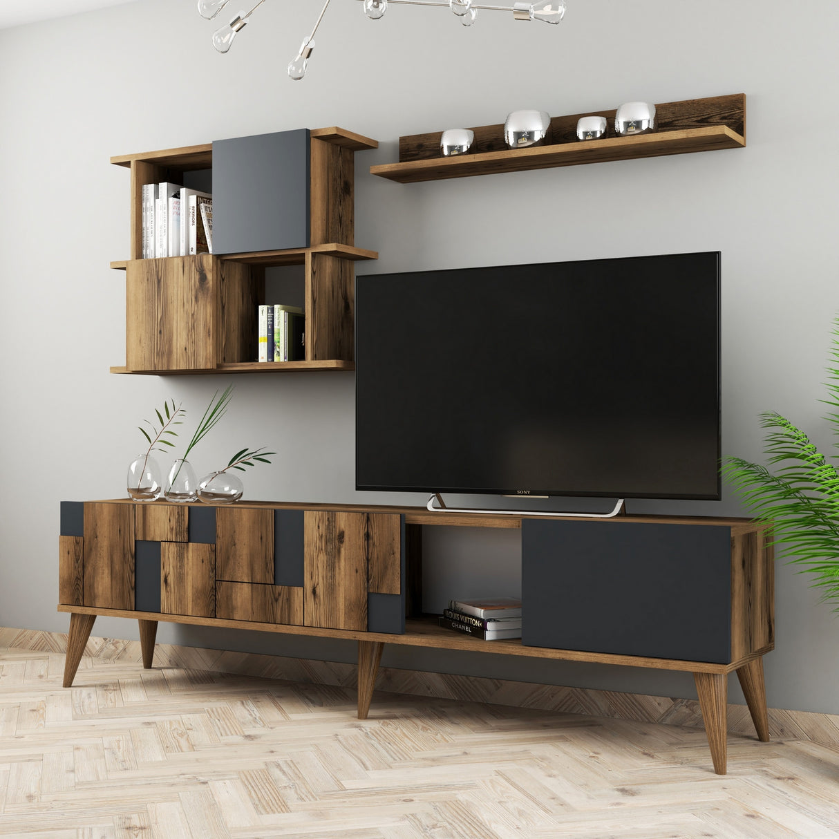 TV Meubels - TV Meubel Set Madrid Walnoot Antraciet Melamine 180x48,6x33,8 cm - Dimehouse