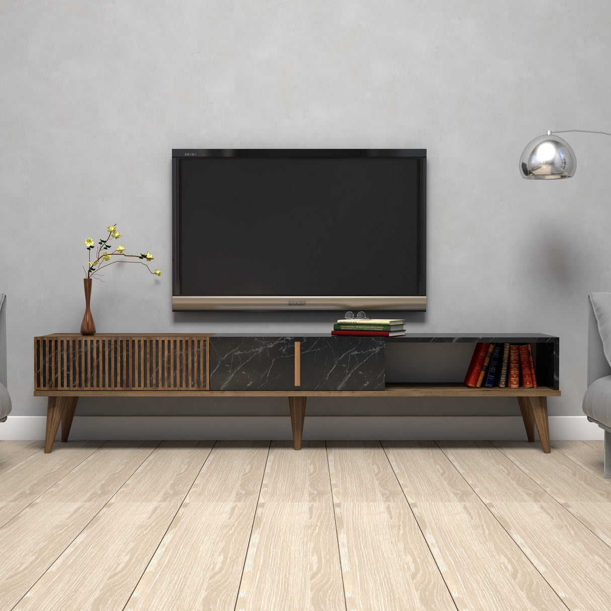 TV Meubels - TV Meubel Milan Walnoot Zwart Melamine 180x40x35 cm - Dimehouse