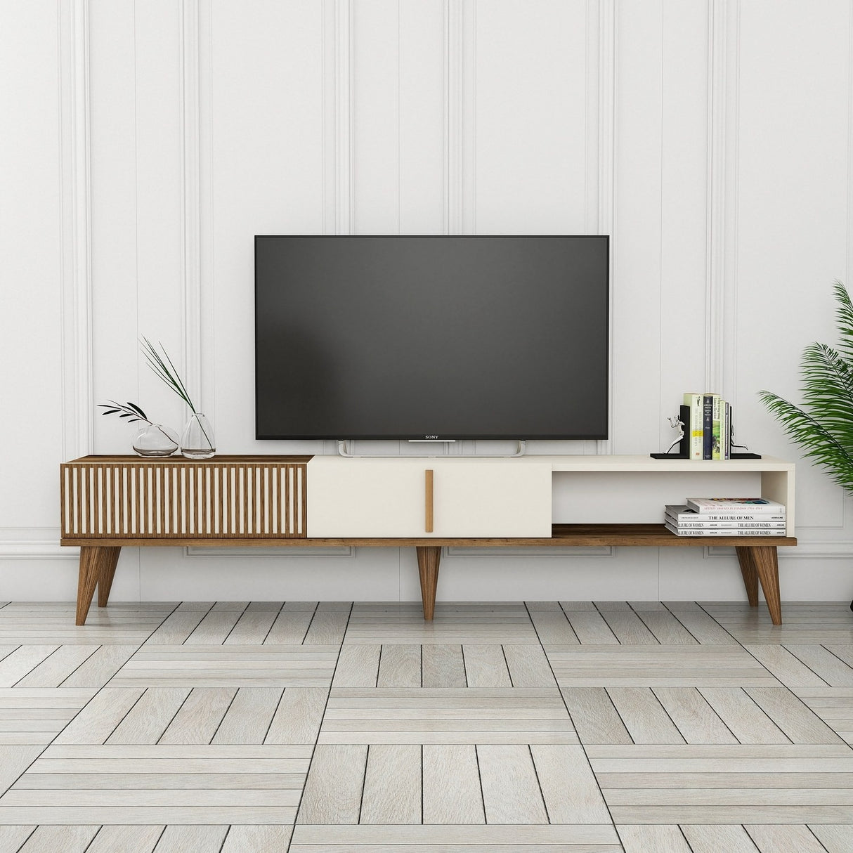 TV Meubels - TV Meubel Milan Alt Walnoot Crème Melamine 180x40x35 cm - Dimehouse