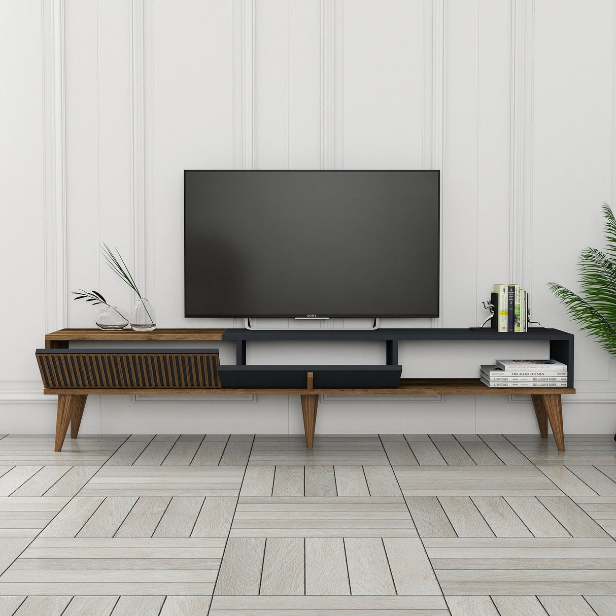 TV Meubels - TV Meubel Milan Alt Walnoot Antraciet Melamine 180x40x35 cm - Dimehouse
