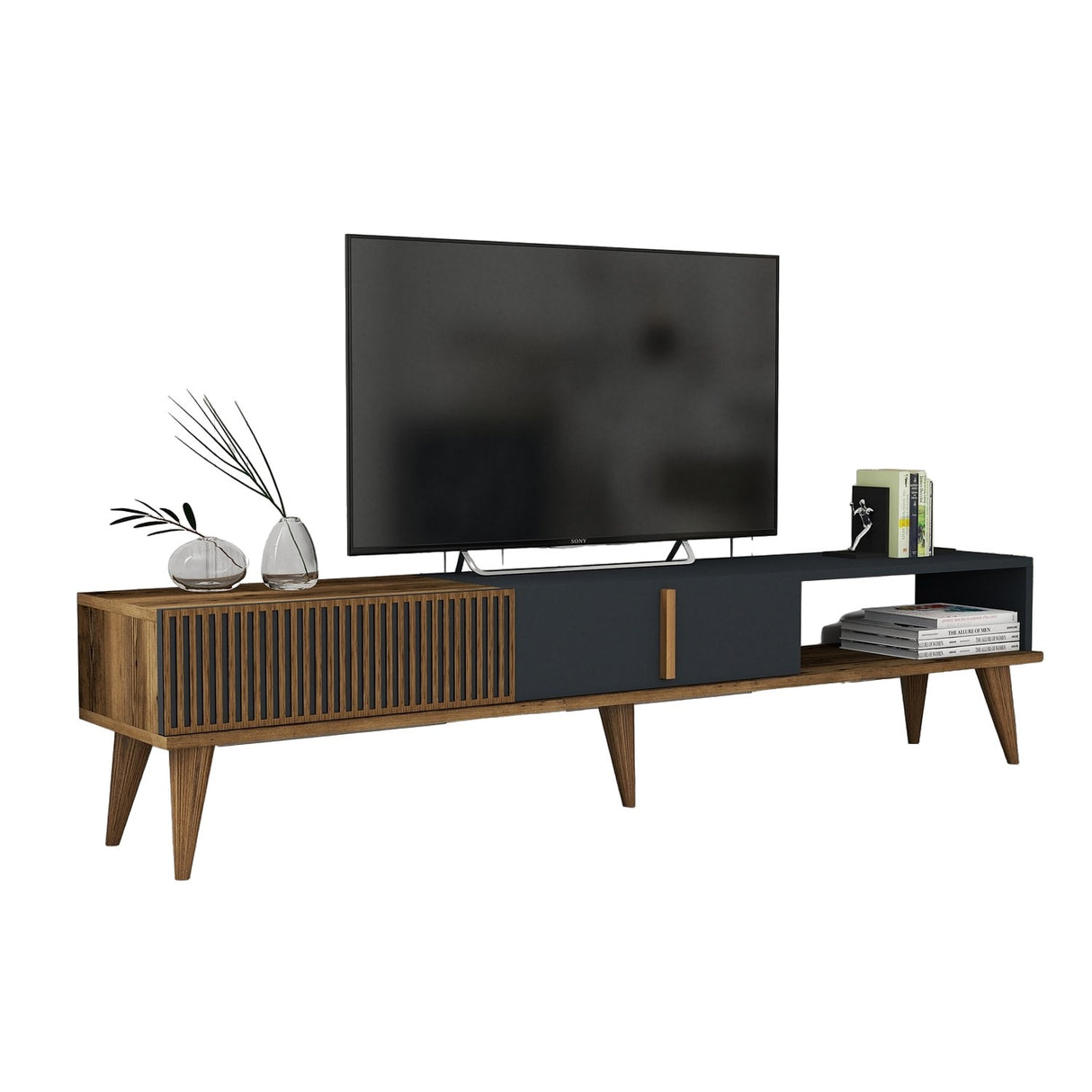TV Meubels - TV Meubel Milan Alt Walnoot Antraciet Melamine 180x40x35 cm - Dimehouse