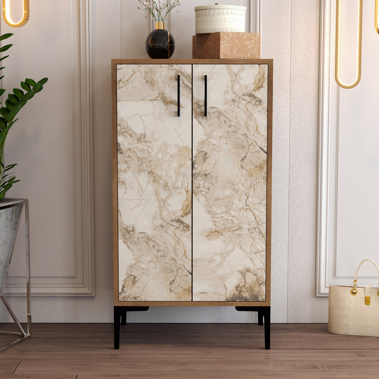 Shoe cabinet Prag Walnut White Marble Melamine 60x111X35 cm