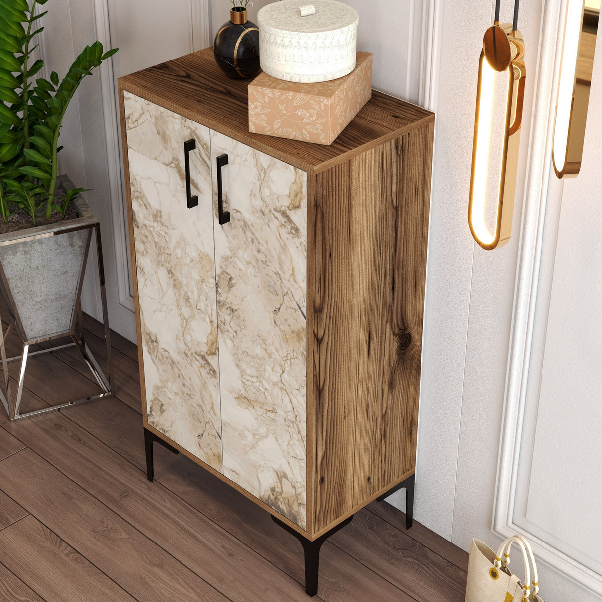 Shoe cabinet Prag Walnut White Marble Melamine 60x111X35 cm