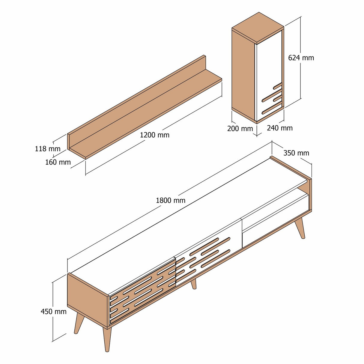 TV Meubels - TV Meubel Set Valensiya Walnoot Antraciet Melamine 180x35x45 cm - Dimehouse