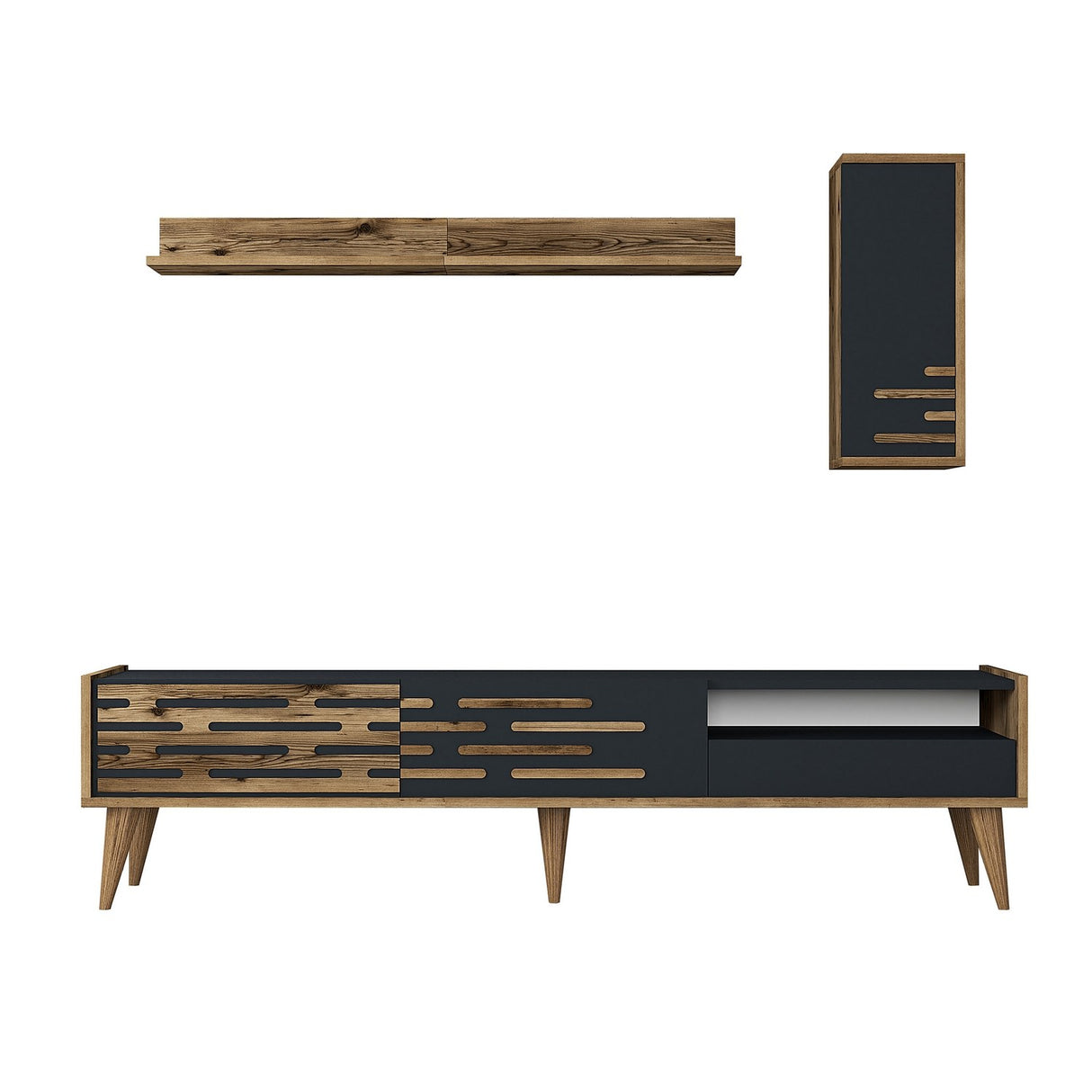 TV Meubels - TV Meubel Set Valensiya Walnoot Antraciet Melamine 180x35x45 cm - Dimehouse