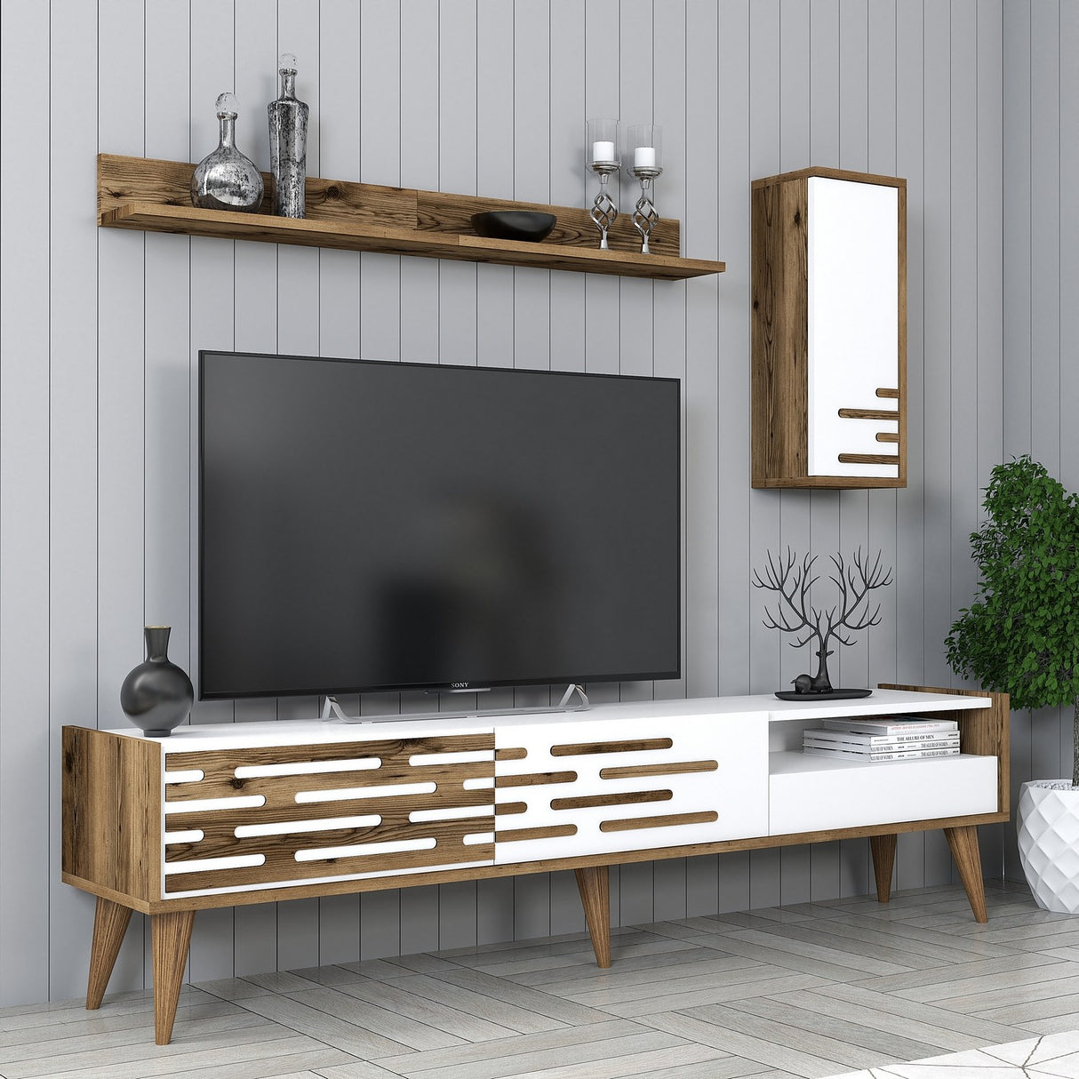 TV Meubels - TV Meubel Set Valensiya Walnoot Wit Melamine 180x35x45 cm - Dimehouse