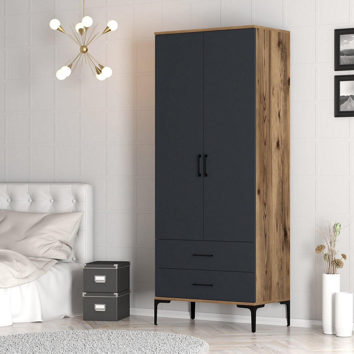Kledingkasten - Kledingkast Kumsal T Walnoot Antraciet Melamine 80x47,5x201,4 cm - Dimehouse