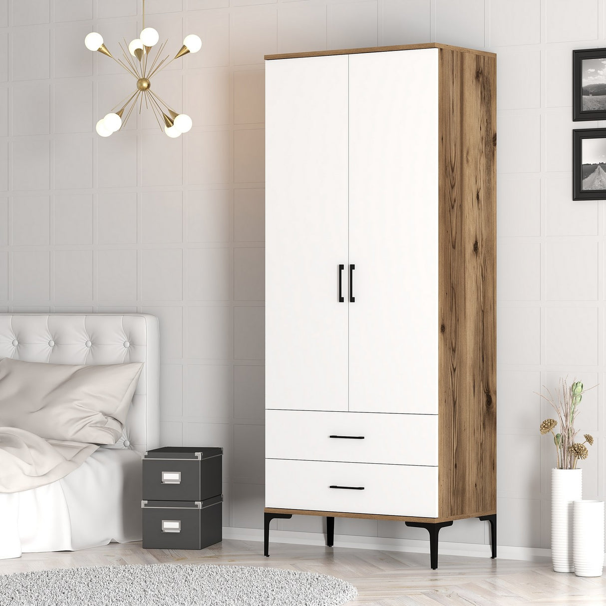 Kledingkasten - Kledingkast Kumsal T Walnoot Wit Melamine 80x47,5x201,4 cm - Dimehouse