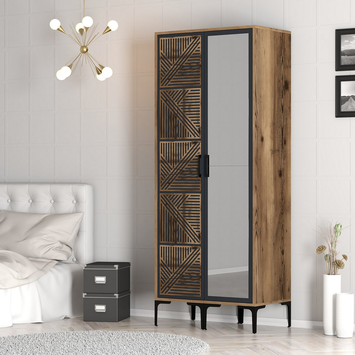 Kledingkasten - Kledingkast Kumsal PR Walnoot Antraciet Melamine 80x47,5x201,4 cm - Dimehouse