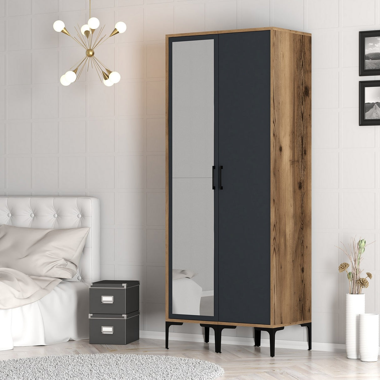 Kledingkasten - Kledingkast Kumsal RS Walnoot Antraciet Melamine 80x47,5x201,4 cm - Dimehouse