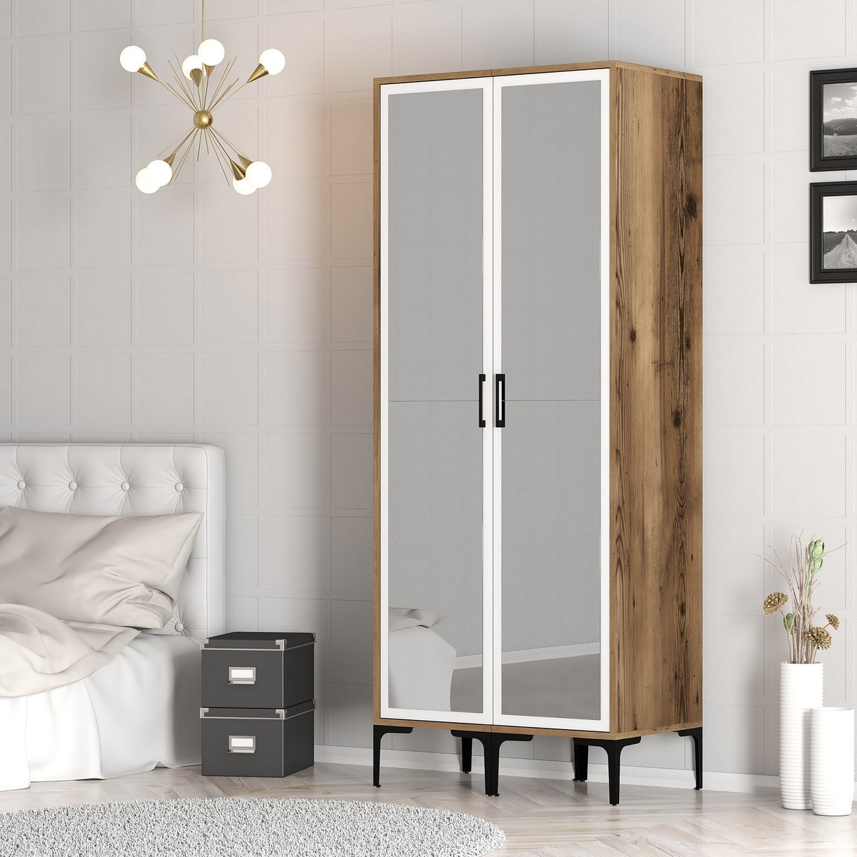 Kledingkasten - Kledingkast Kumsal RR Walnoot Wit Melamine 80x47,5x201,4 cm - Dimehouse