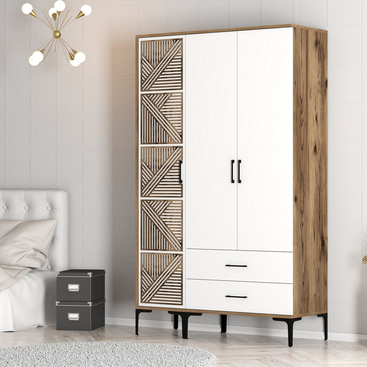 Kledingkasten - Kledingkast Kumual PT Walnoot Wit Melamine 120x47,5x201,4 cm - Dimehouse