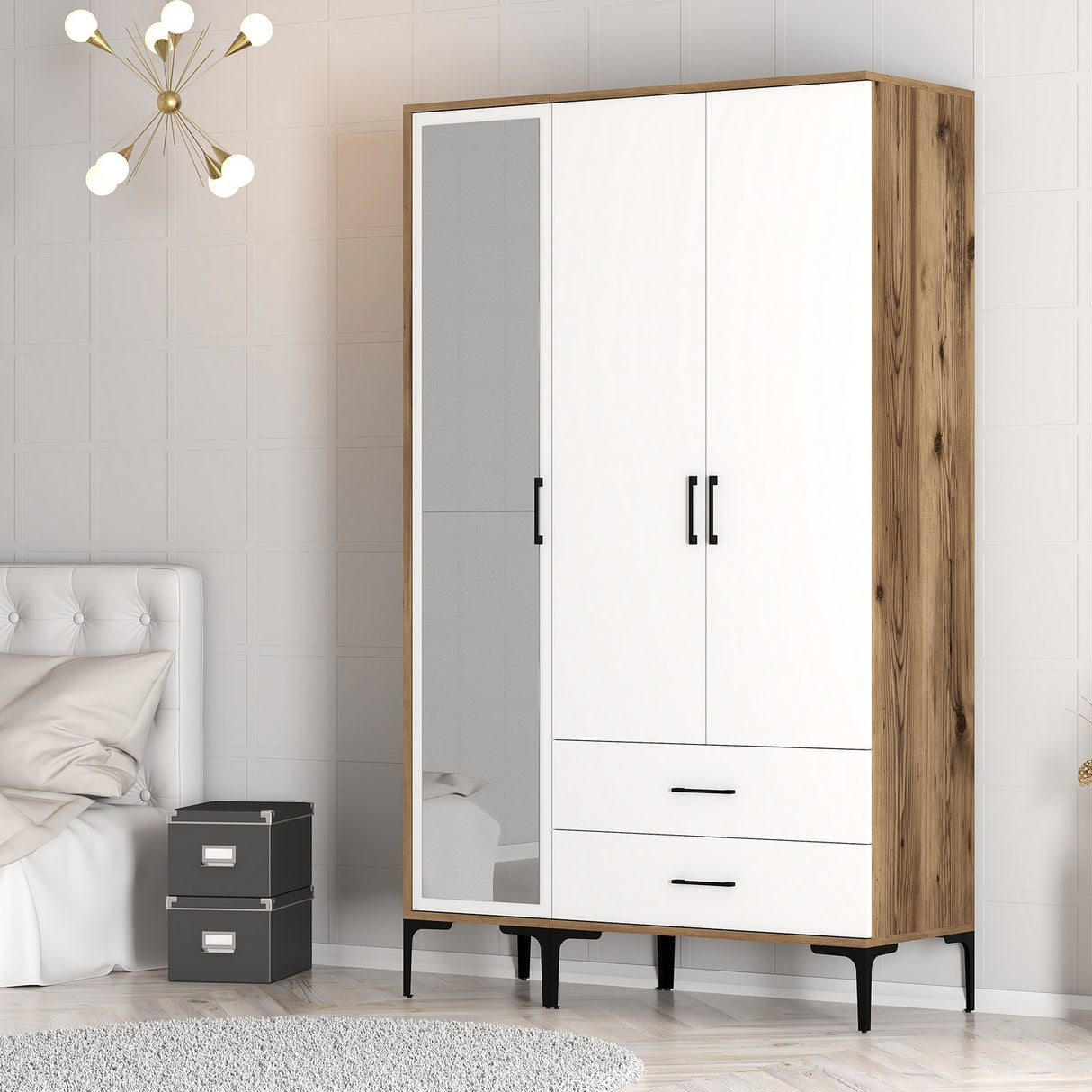 Kledingkasten - Kledingkast Kumual RT Walnoot Wit Melamine 120x47,5x201,4 cm - Dimehouse