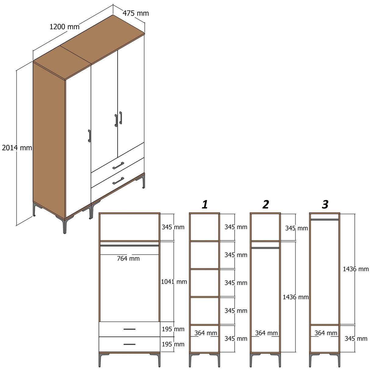 Kledingkasten - Kledingkast Kumual RT Walnoot Wit Melamine 120x47,5x201,4 cm - Dimehouse