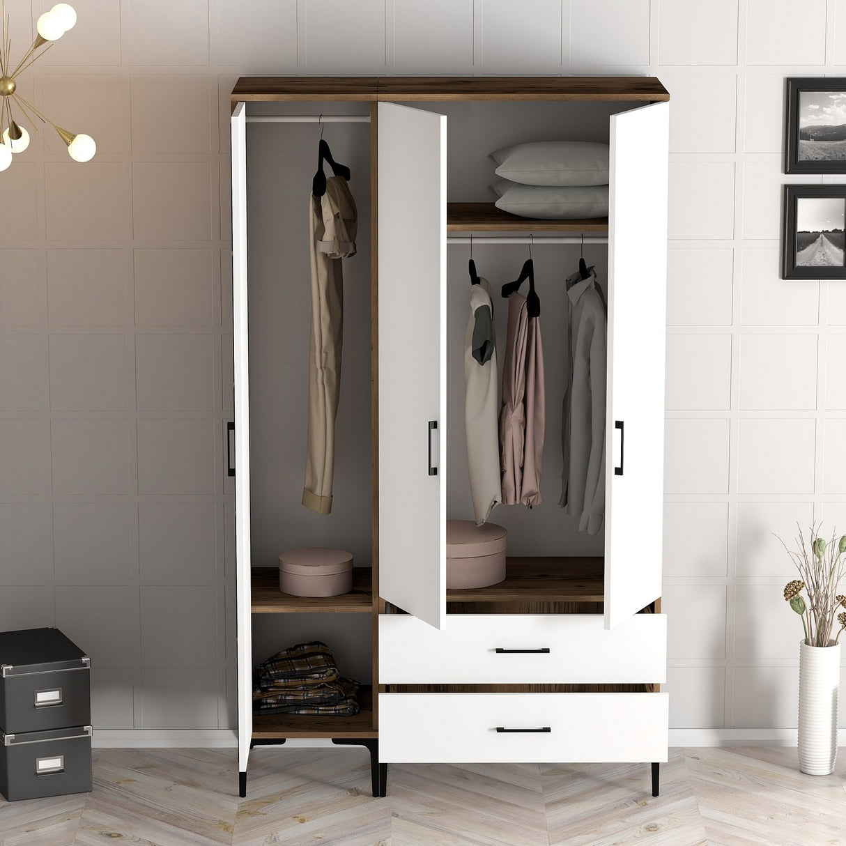 Kledingkasten - Kledingkast Kumual ST Walnoot Wit Melamine 120x47,5x201,4 cm - Dimehouse