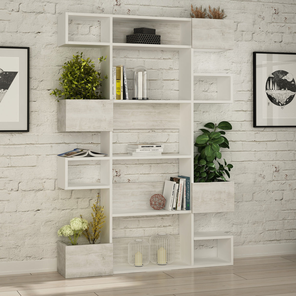 Modern bookcase with asymmetrical compartments white melamine Niho 120x171x20 cm