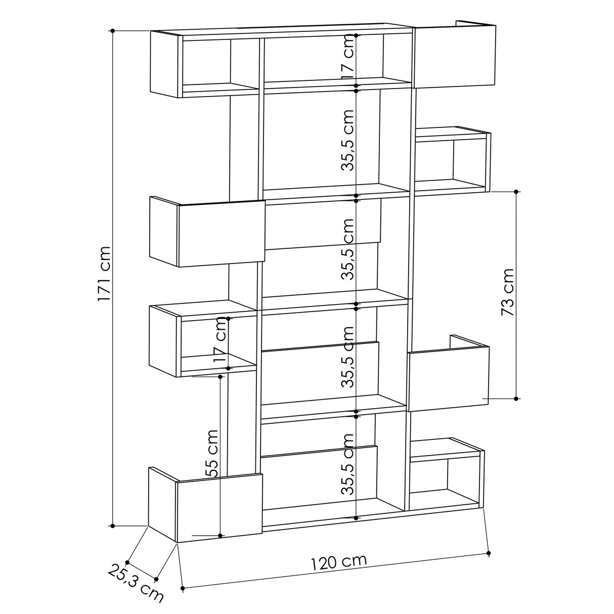 Modern bookcase with asymmetrical compartments white oak melamine Niho 120x171x20 cm