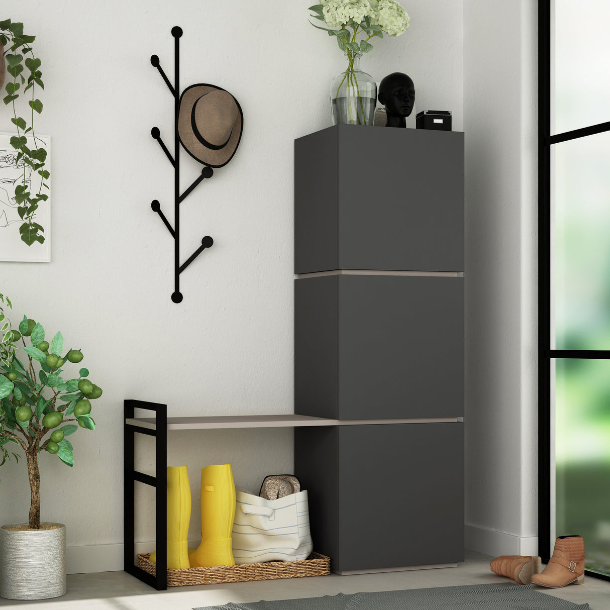 Schoenenkasten - Schoenenkast Mello Antraciet Bruin Melamine 109x149x39 cm - Dimehouse