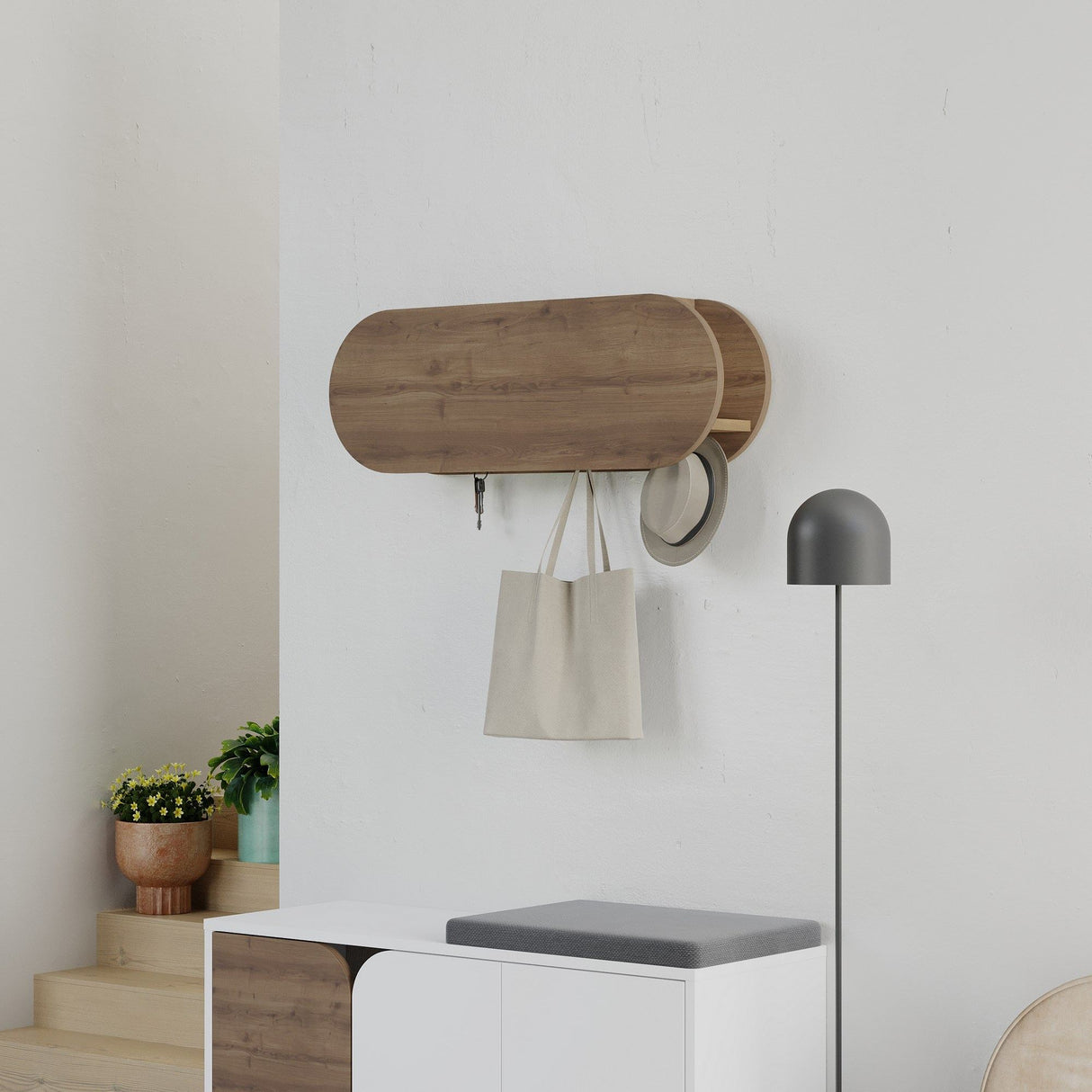 Coat Rack Oval 6-Hook - Hitit - 84x29 cm - With Compartment