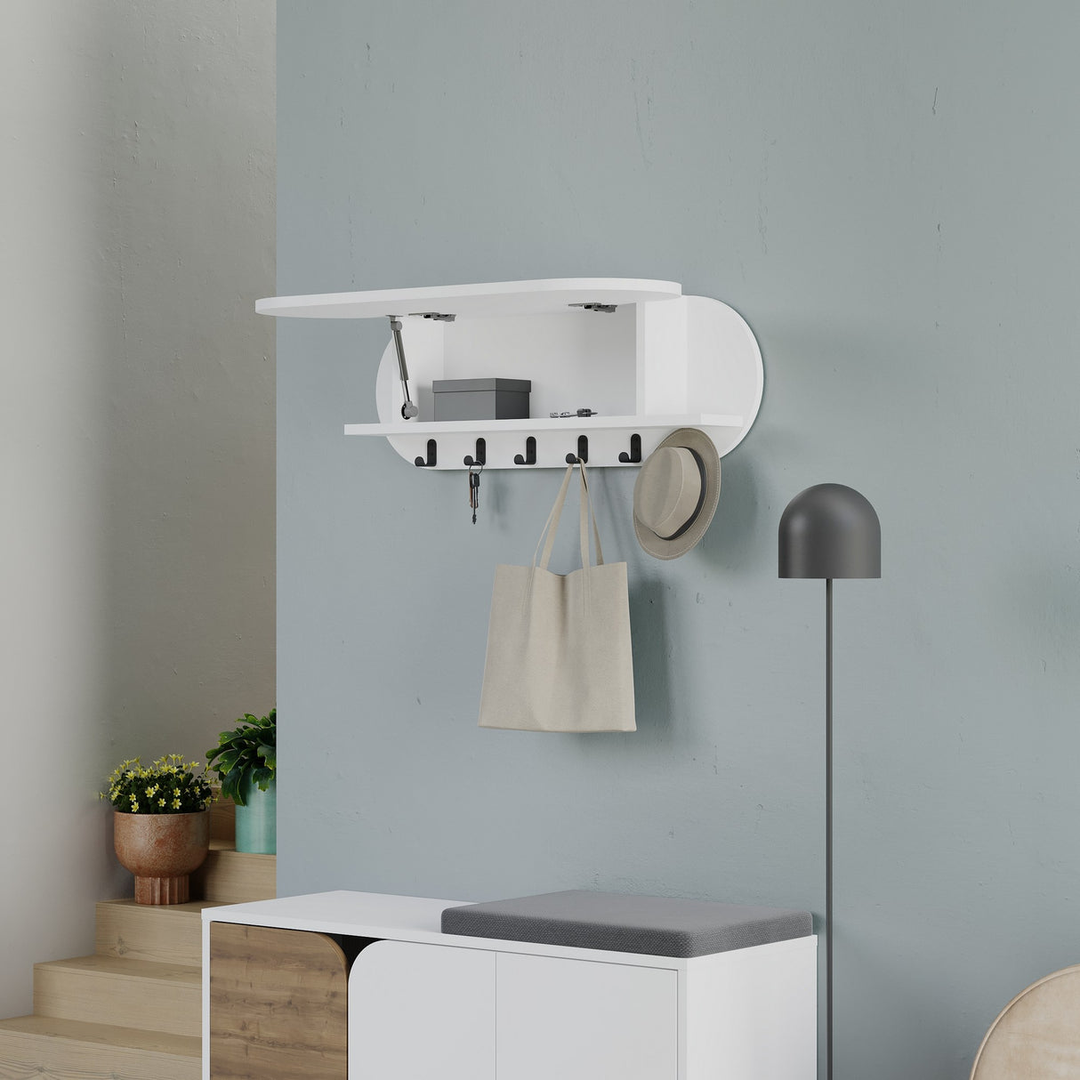 Coat Rack White - Melamine - With Compartment