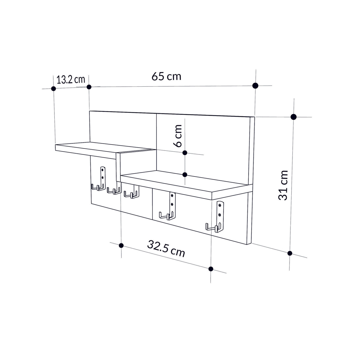 Coat rack 5-Hook White, Oak Melamine - 65 cm