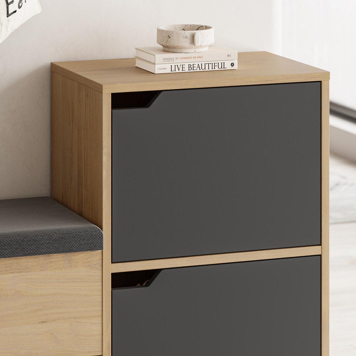 Schoenenkasten - Schoenenkast Haven Antraciet Eik Melamine 101,5x80,5x35,5 cm - Dimehouse