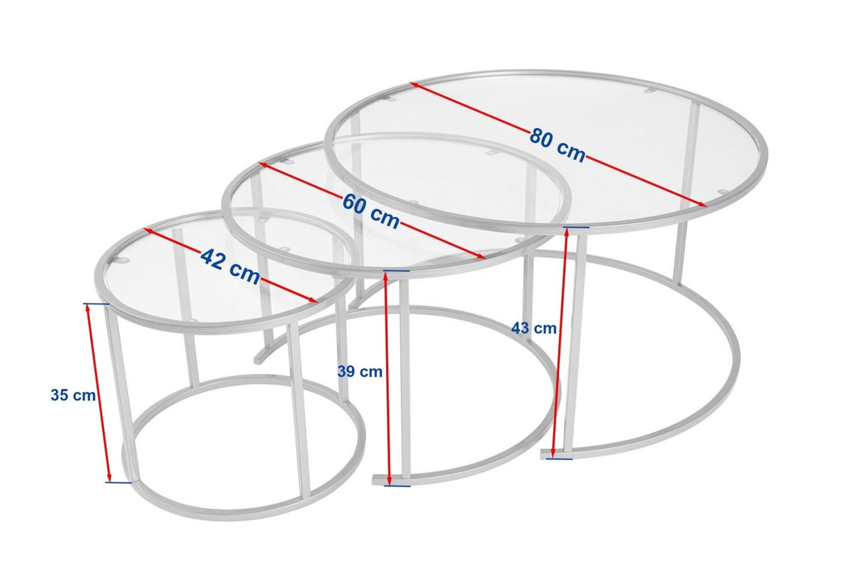 Modern Coffee Table Set of 3 Uru Black - Grey Glass - 80/60/42 cm