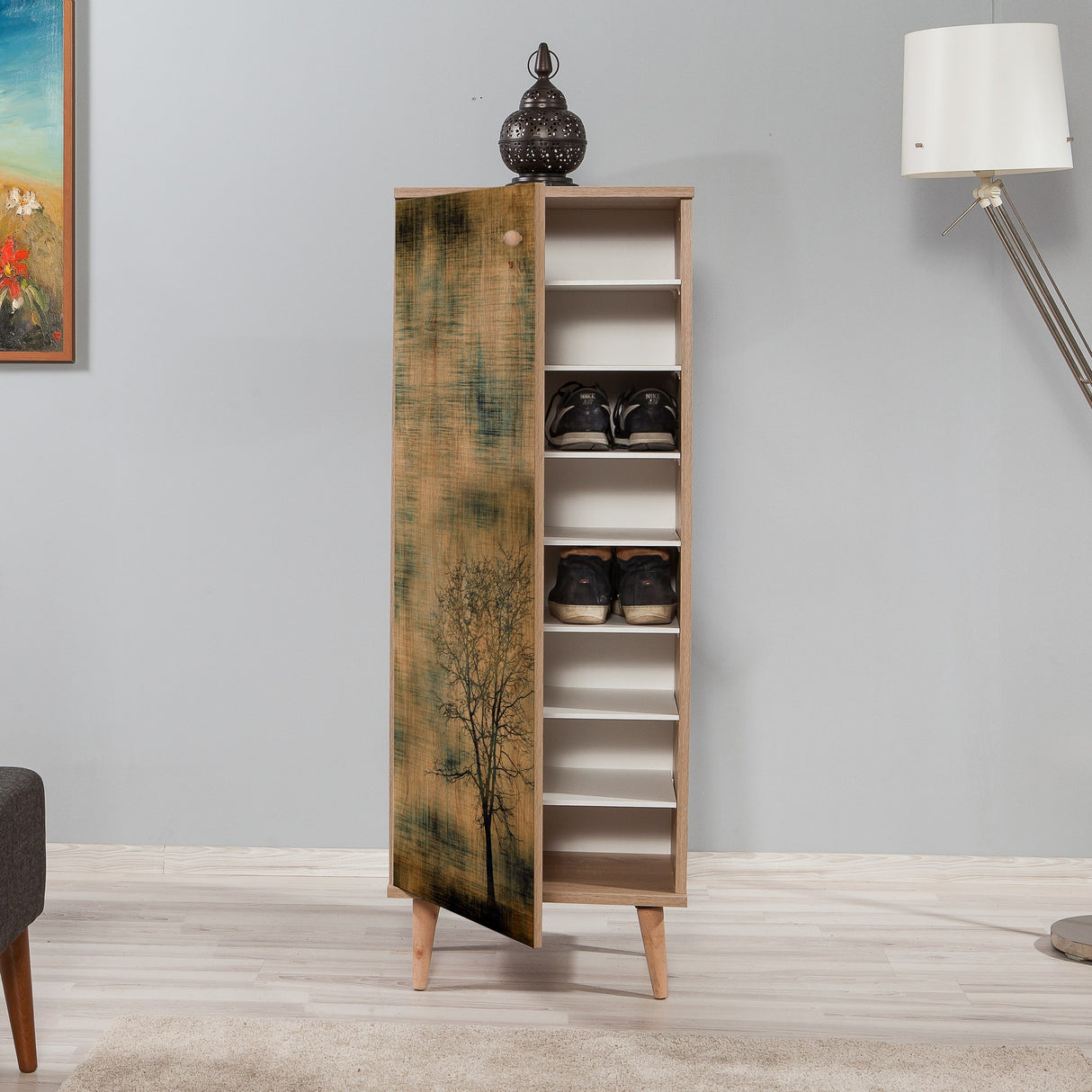 Schoenenkasten - Schoenenkast Filinta Sonoma Eik Boom Melamine 50x135x38 cm - Dimehouse