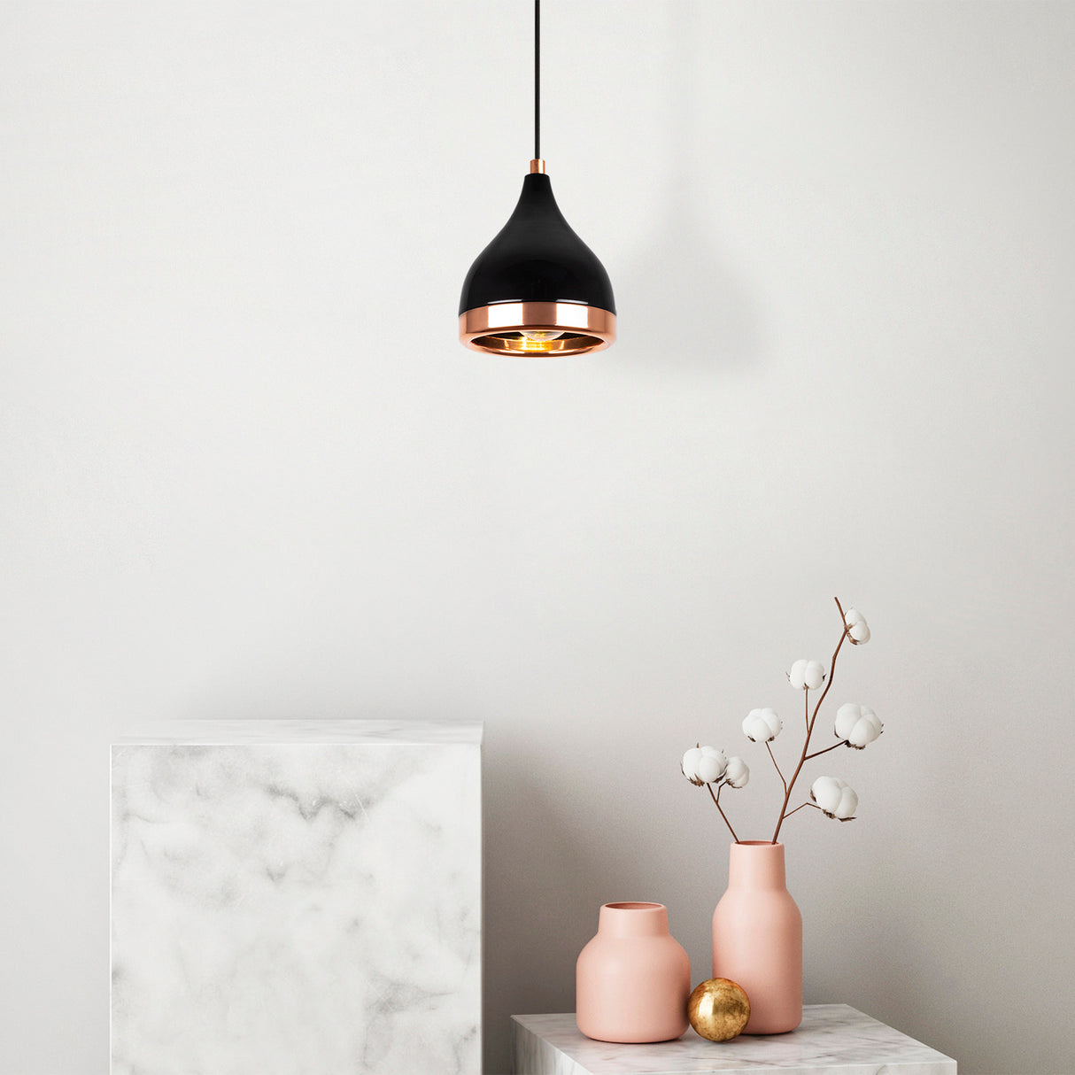 Pendant lamp 1-light Black Copper Round Metal Grip