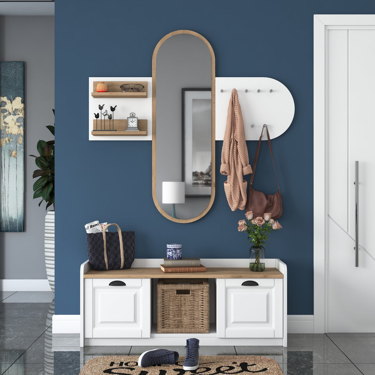 Furniture set Coat rack - Mirror - Shoe cabinet - White-Walnut Melamine