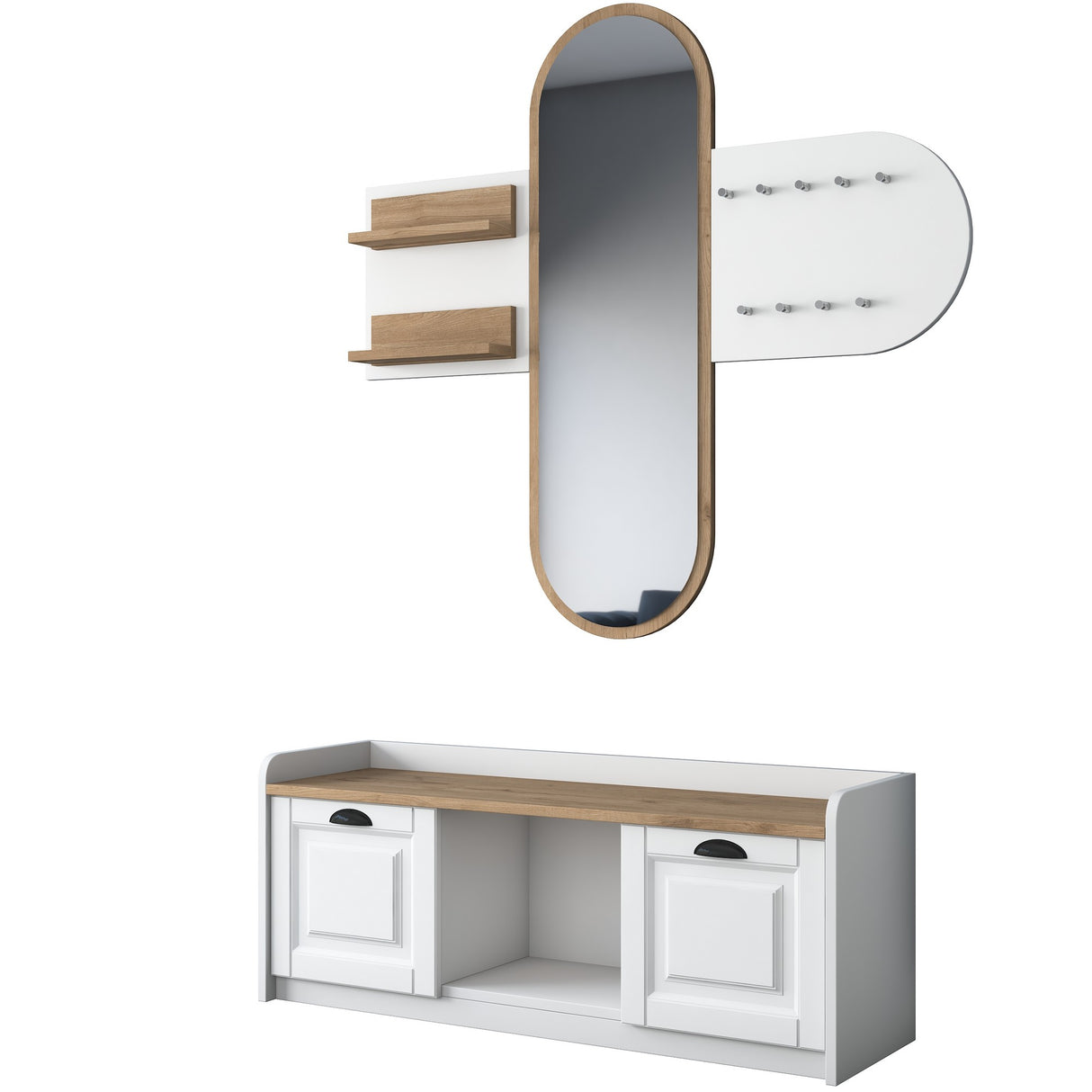 Furniture set Coat rack - Mirror - Shoe cabinet - White-Walnut Melamine
