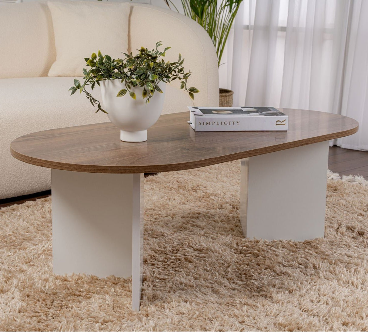 Oval Coffee Table Walnut Look - White Leg - Sabla - 119x60