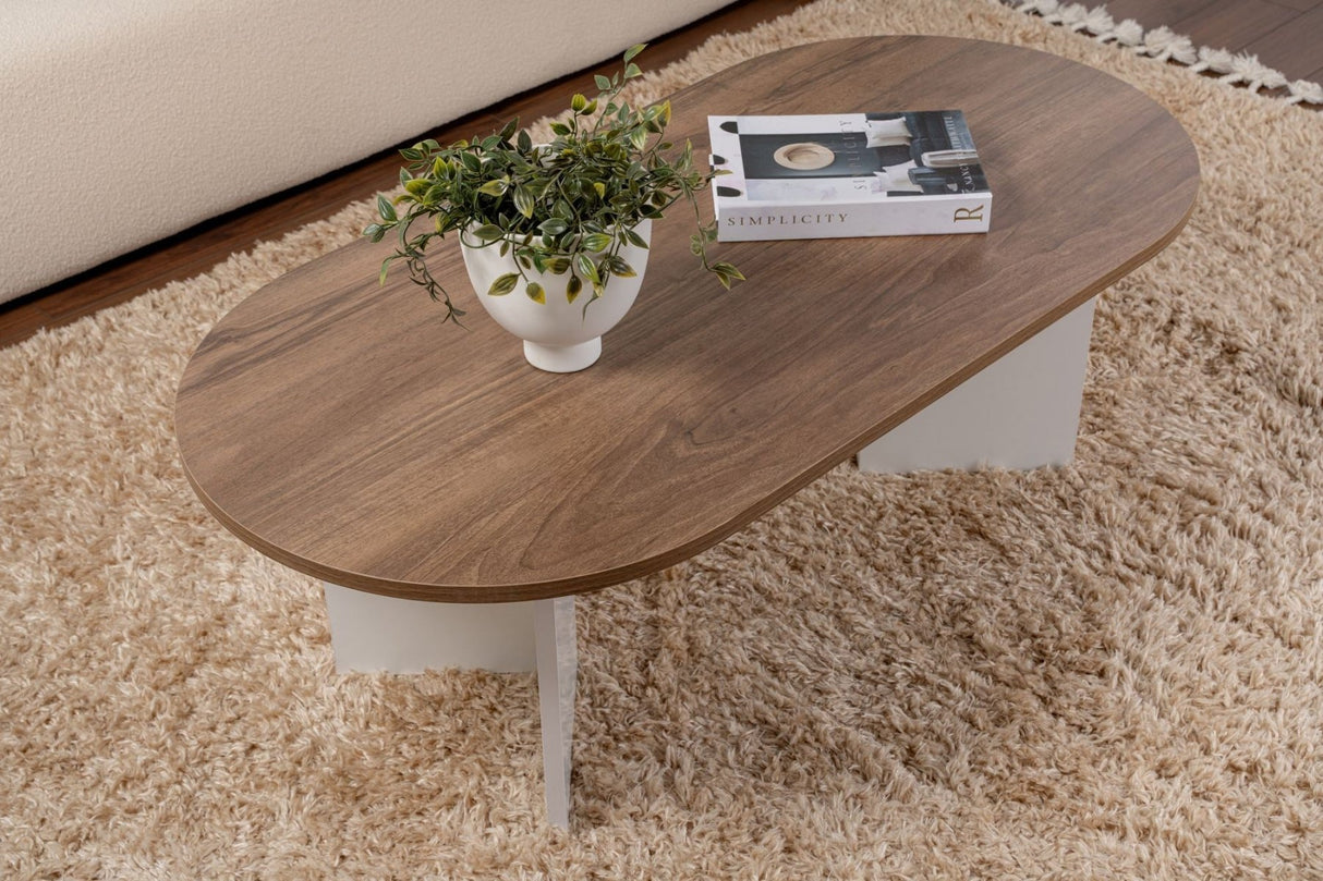 Oval Coffee Table Walnut Look - White Leg - Sabla - 119x60