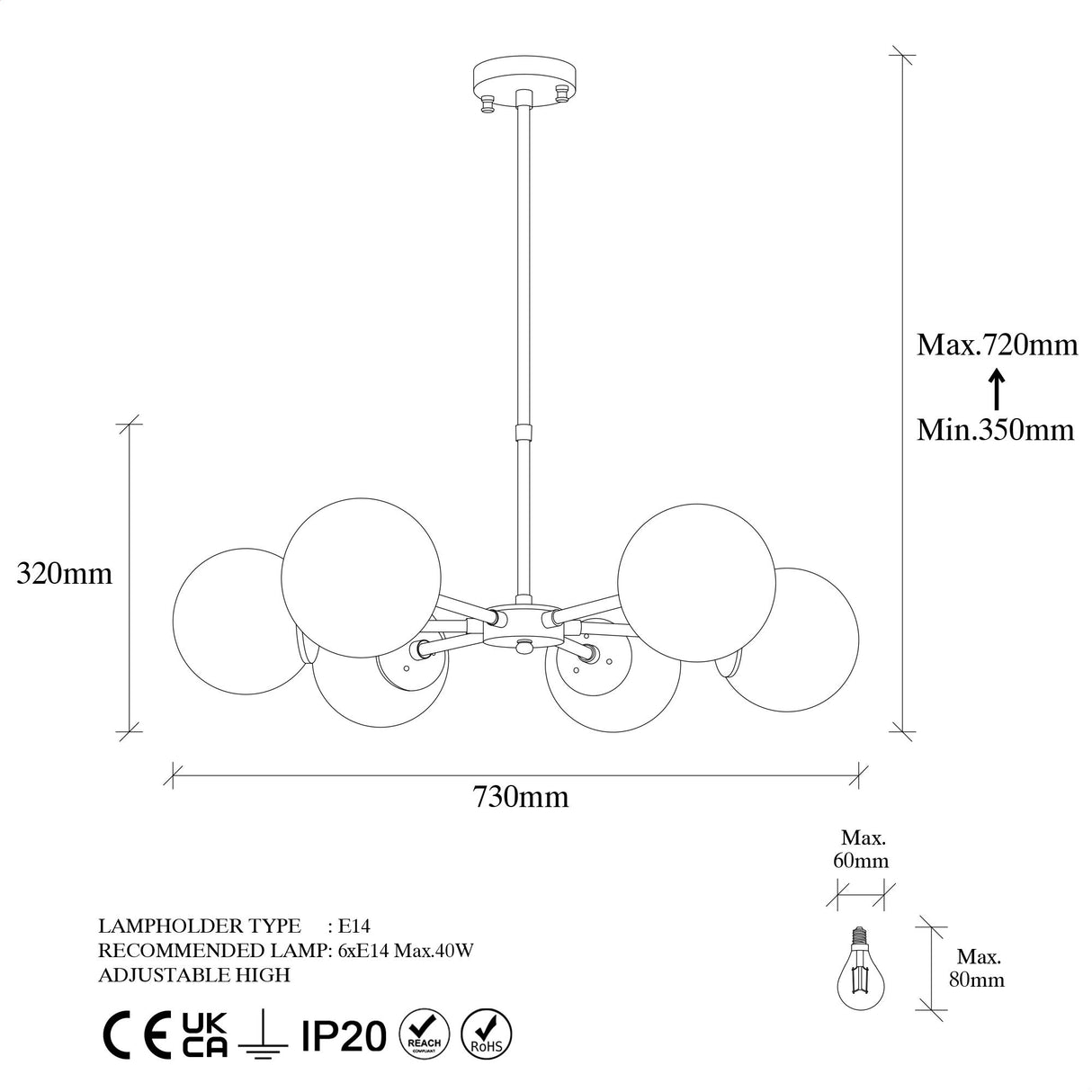 Bronze-colored 6-light Pendant Lamp with White Metal Shade Flint