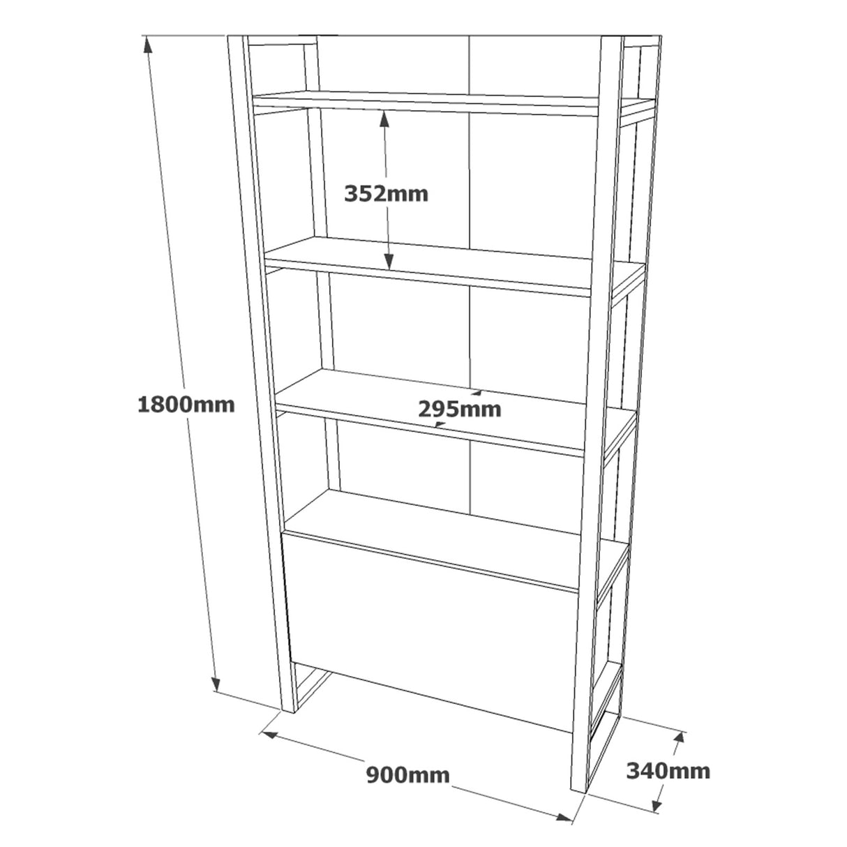 Industrial bookcase with shelves and closed storage compartment pine melamine Lyra 90x180x34 cm