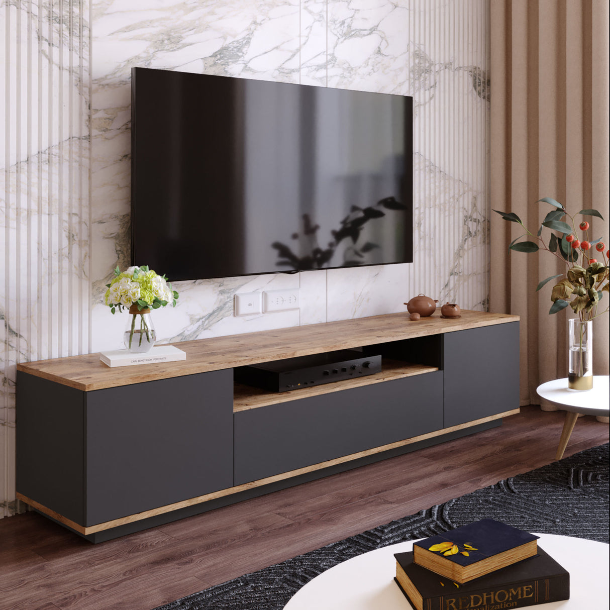 TV Meubels - TV Meubel Vesper Atlantisch Dennenhout Antraciet Melamine 180x44,6x44,5 cm - Dimehouse