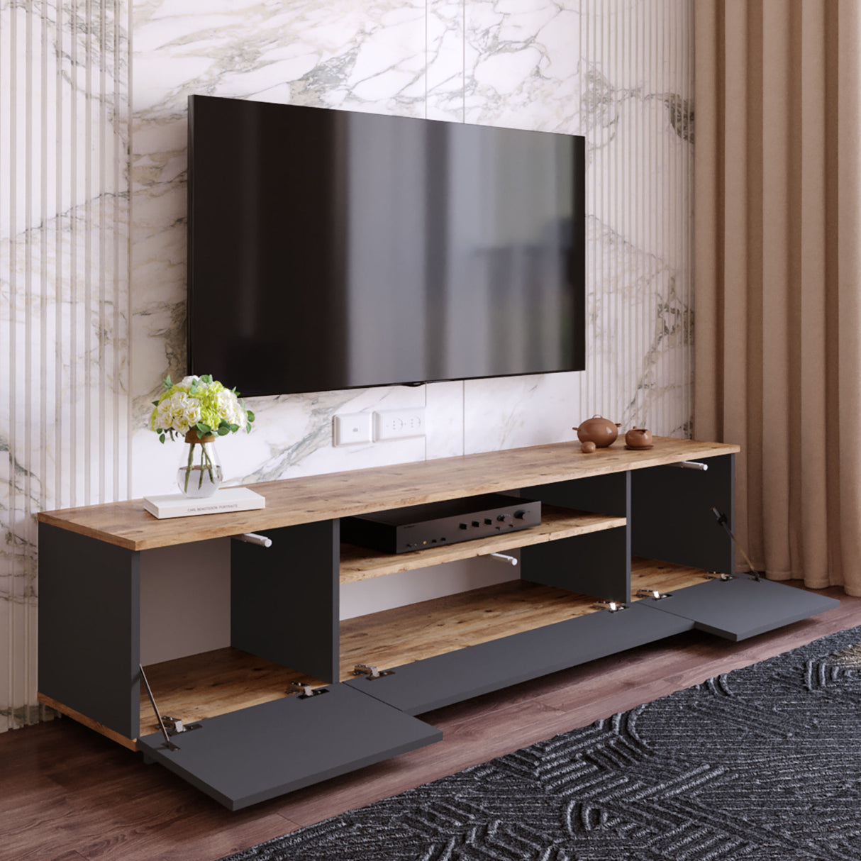 TV Meubels - TV Meubel Vesper Atlantisch Dennenhout Antraciet Melamine 180x44,6x44,5 cm - Dimehouse