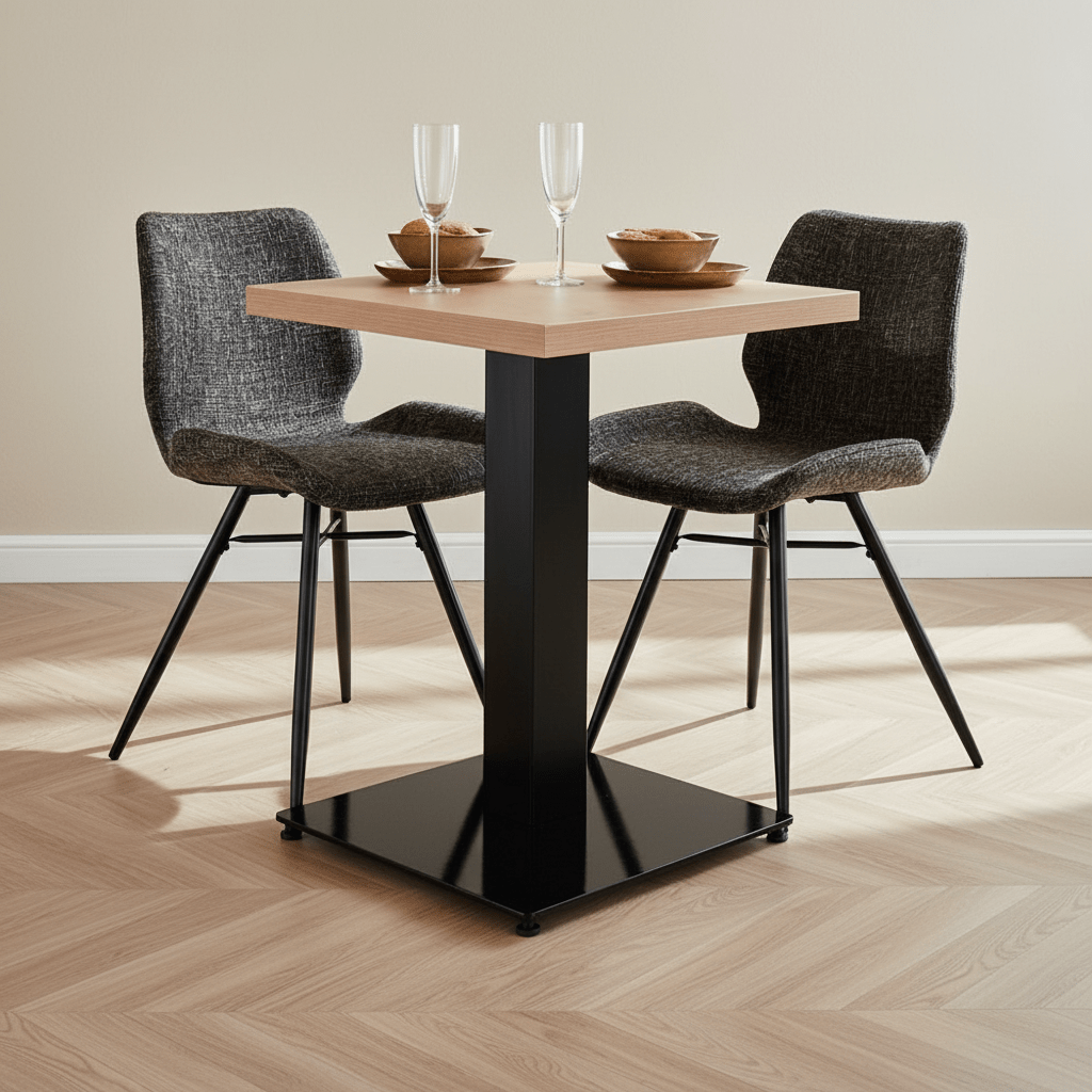 Bistro table Robin square melamine rustic oak atmospheric photo in a modern interior