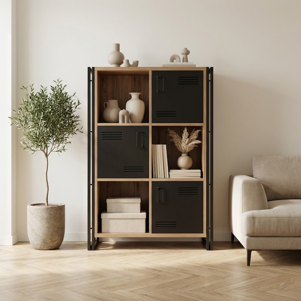 Industrial cabinet pine wood melamine black metal Cosmo 89x127x35 cm