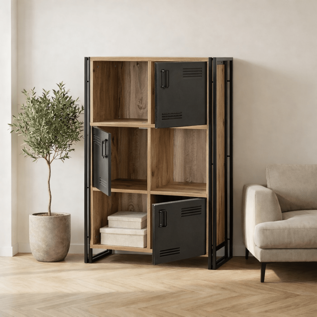 Industrial cabinet pine wood melamine black metal Cosmo 89x127x35 cm