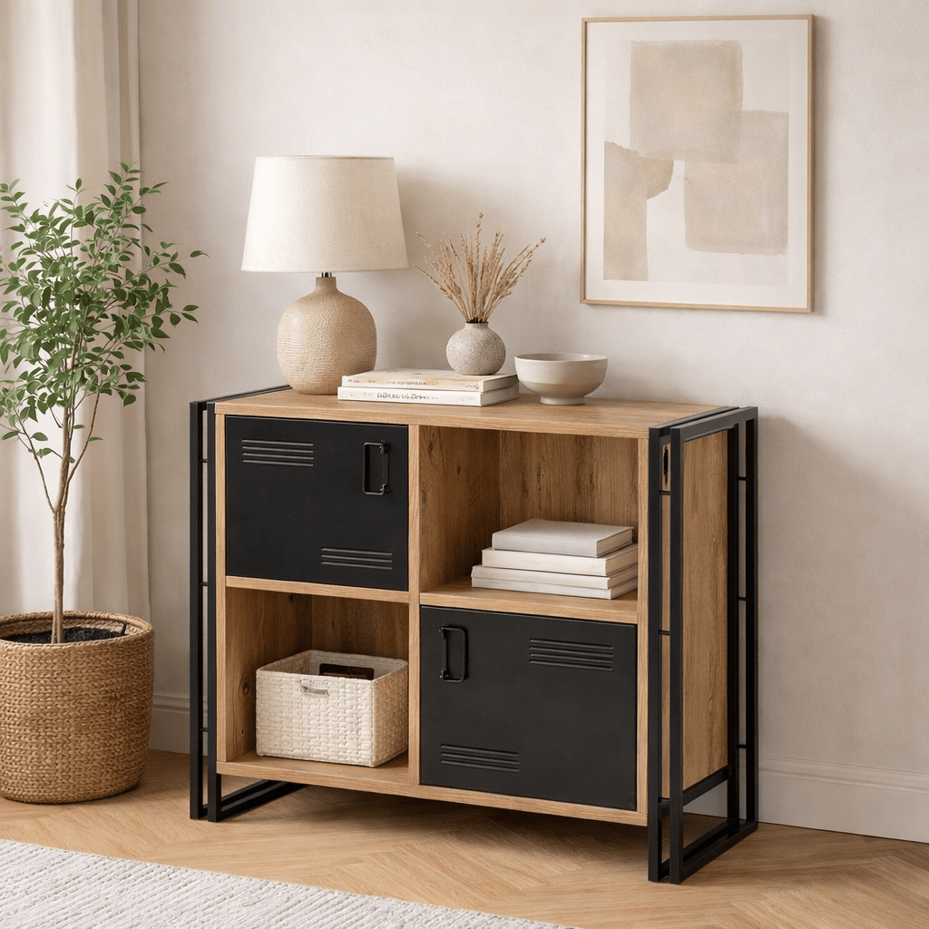 Industrial sideboard pine wood melamine black metal Cosmo 89x89x35 cm