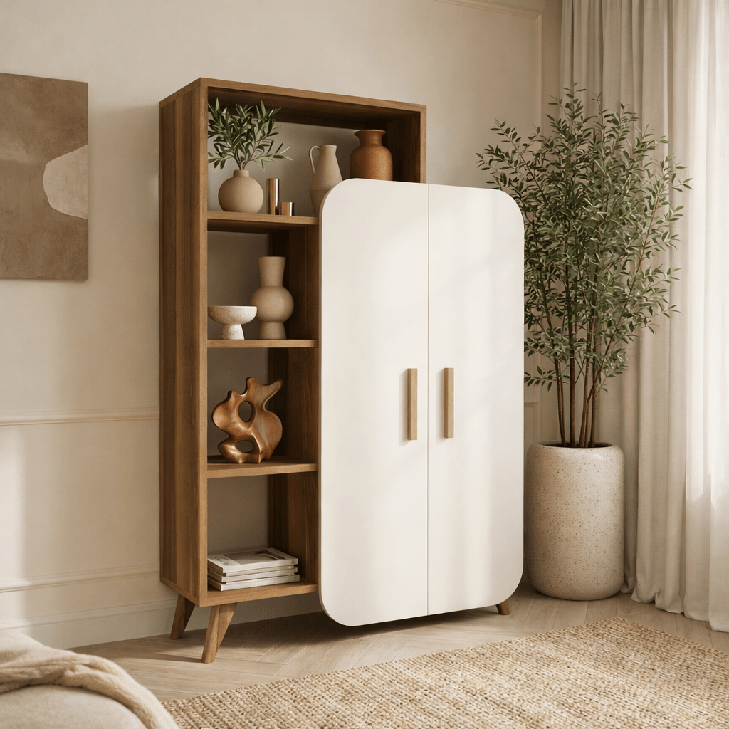 Scandinavian bookcase walnut white melamine Form 90x132x32 cm