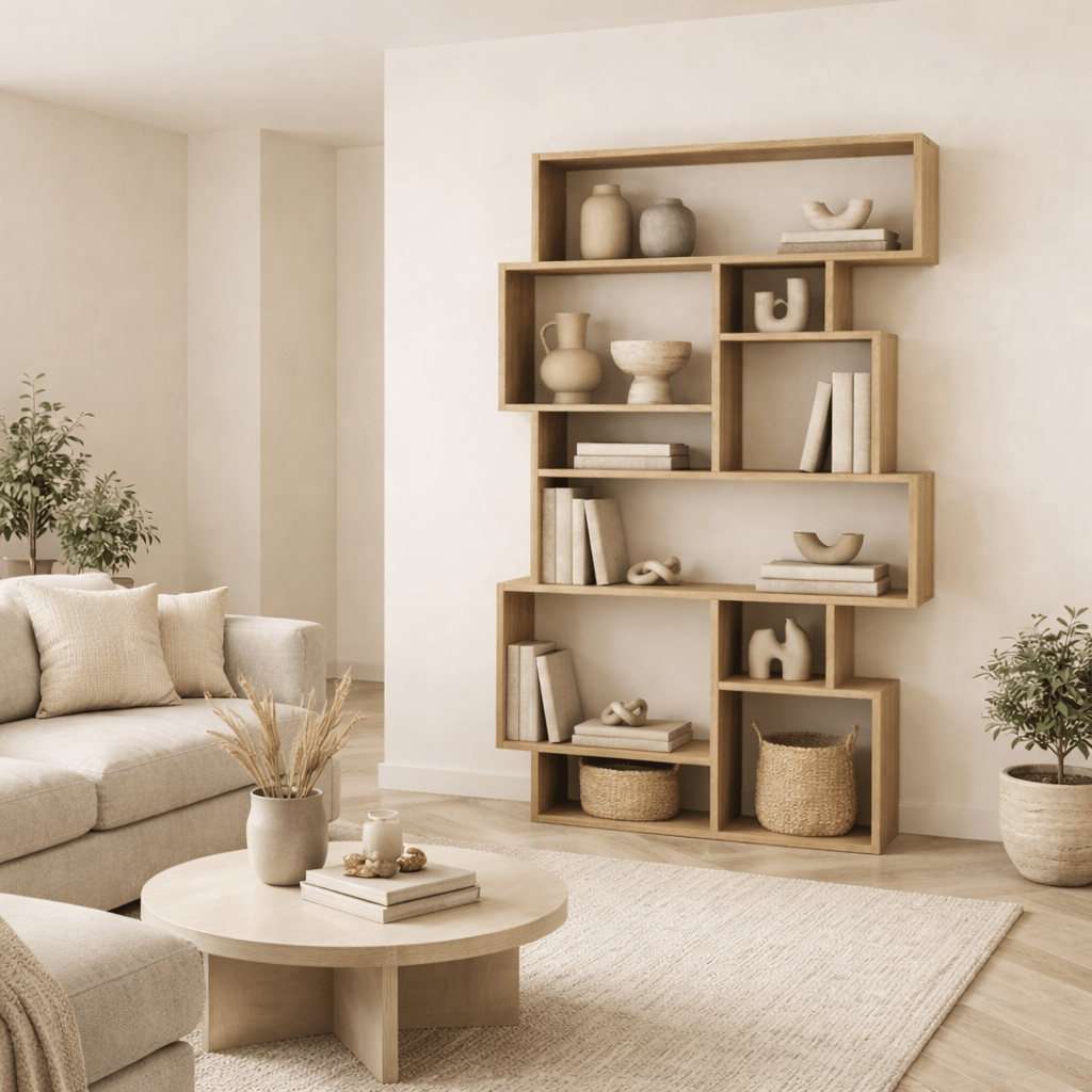 Asymmetric bookcase oak look melamine Karmato 96x168.5x25.5 cm