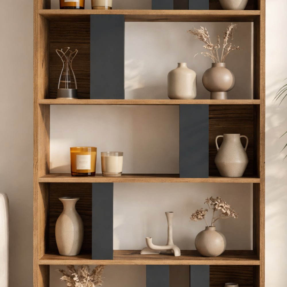 Asymmetric bookcase anthracite walnut melamine Lima 90x180x20 cm