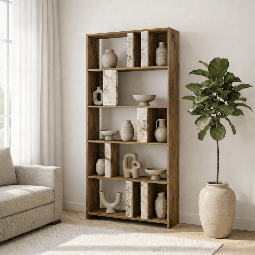 Asymmetrical bookcase marble look walnut melamine Lima 90x180x20 cm