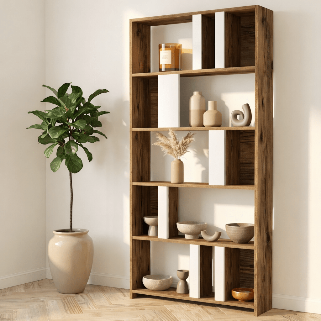 Asymmetric bookcase white walnut melamine Lima 90x180x20 cm