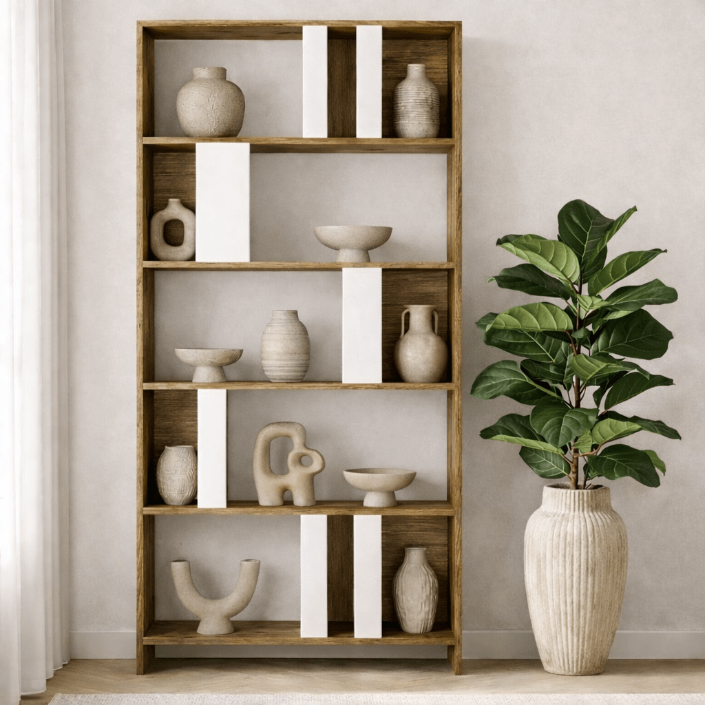 Asymmetric bookcase white walnut melamine Lima 90x180x20 cm