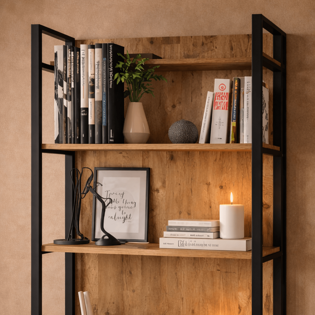 Industrial bookcase with shelves and closed storage compartment pine melamine Lyra 90x180x34 cm