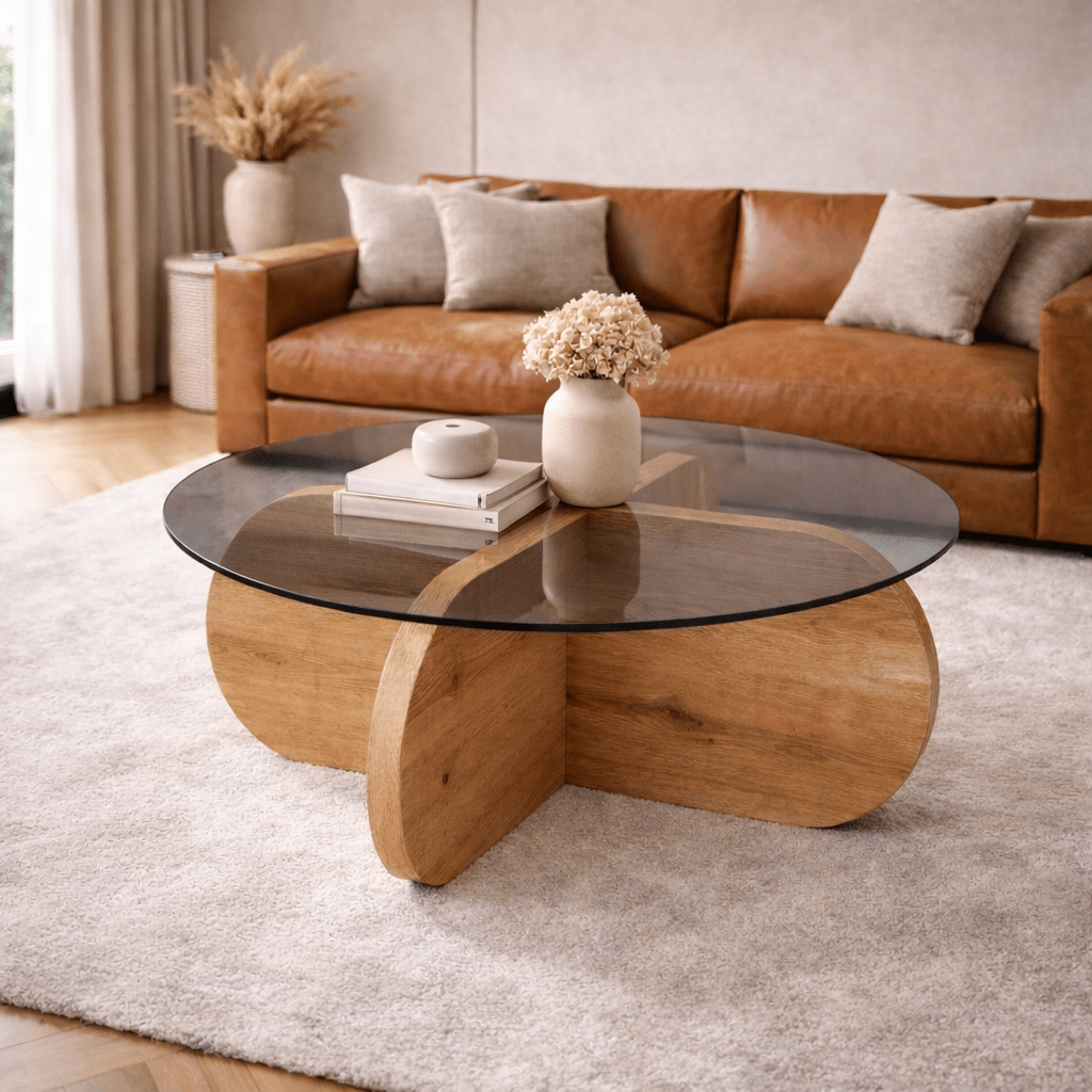 Aris Round Coffee Table 75 cm Tinted Glass - Melamine Oak