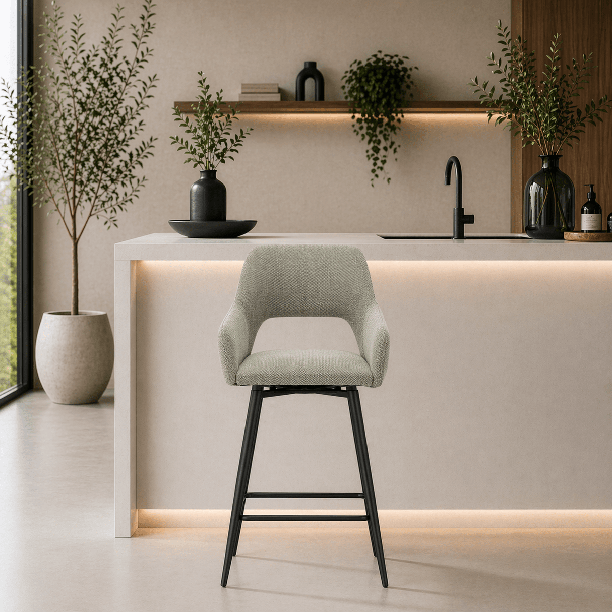 Swivel Bar Stool Green Fabric Skye - Seat Height 67 cm - With Armrests